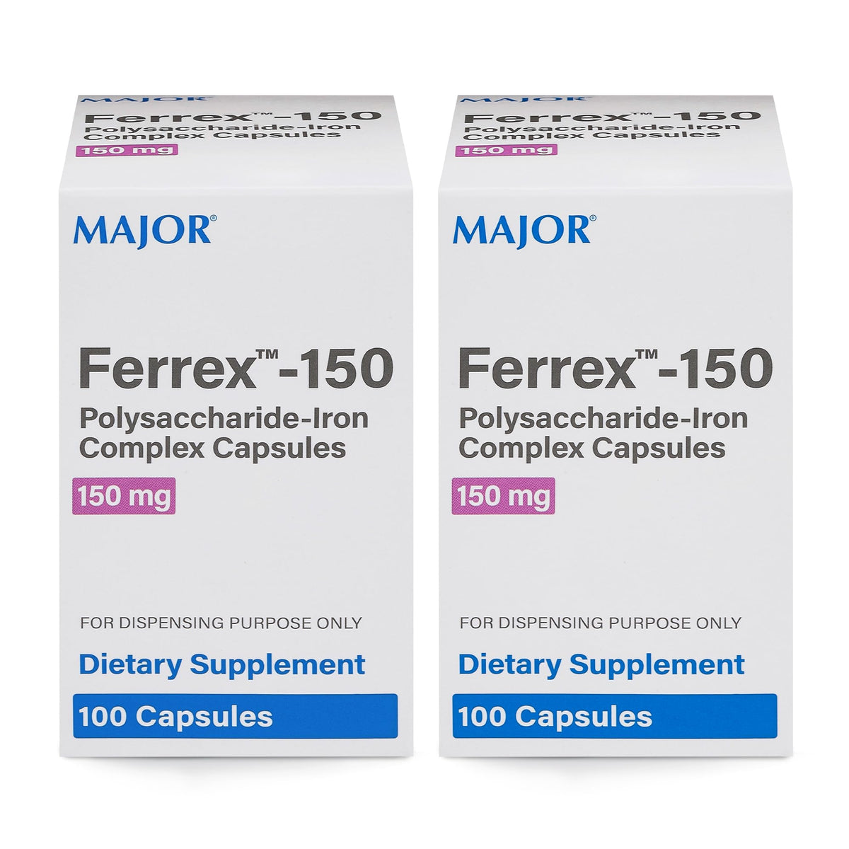 MAJOR Ferrex-150 bottle front with capsules for daily iron support