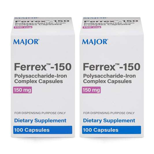 MAJOR Ferrex-150 bottle front with capsules for daily iron support