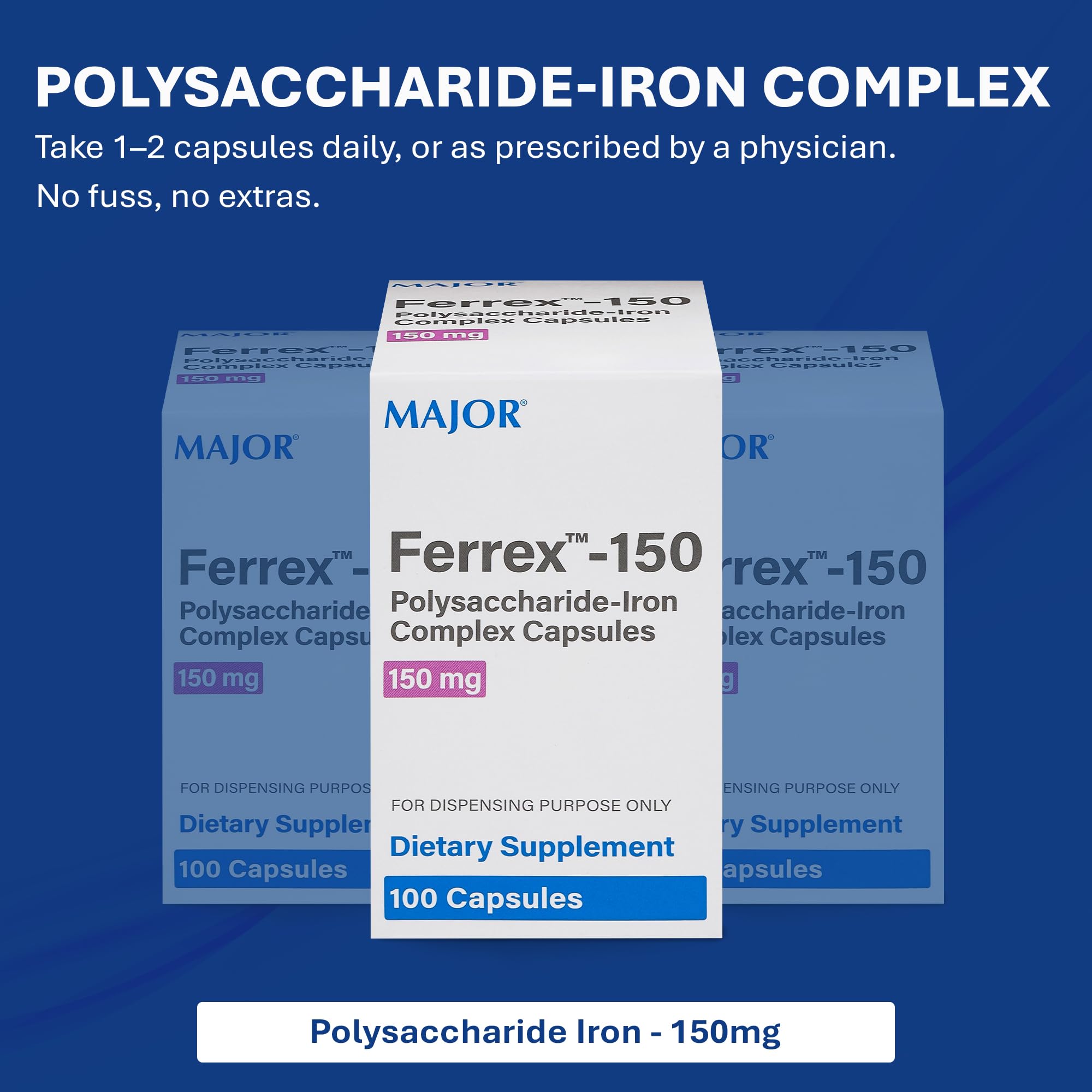 MAJOR Ferrex-150 capsules closeup highlighting smooth texture and potency