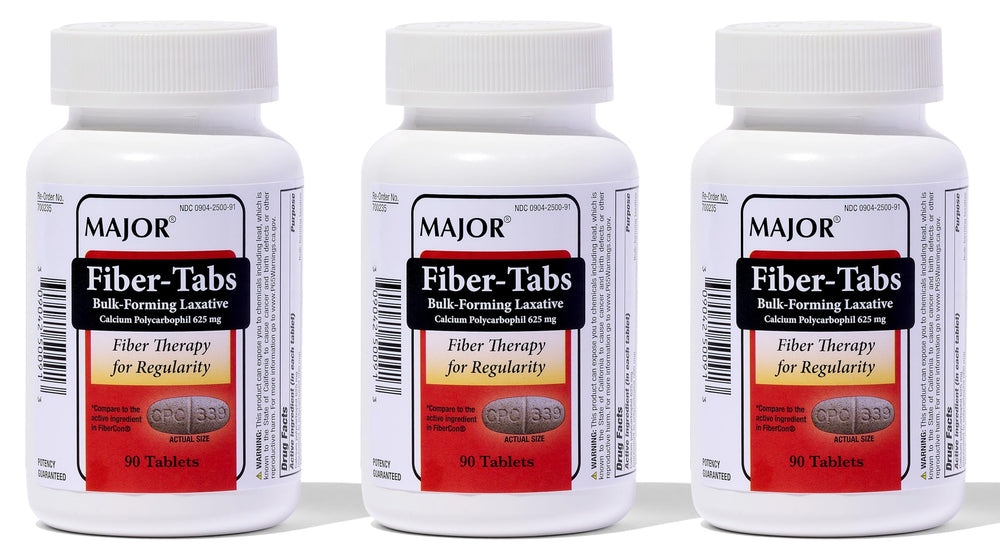 MAJOR Fiber-Tabs 625 mg bottle shows bulk-forming fiber for daily support.