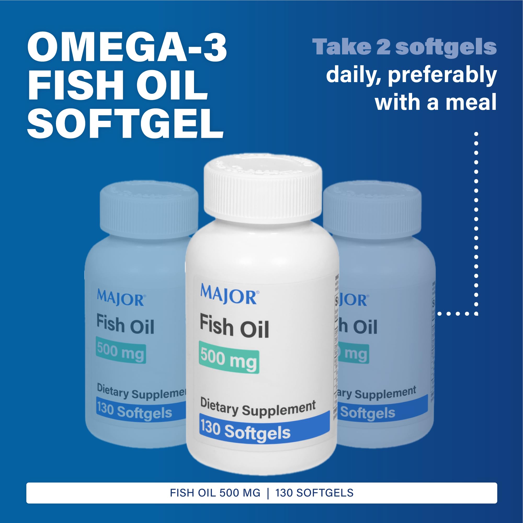 MAJOR Fish Oil bottle close-up reveals EPA and DHA amounts for supplementation