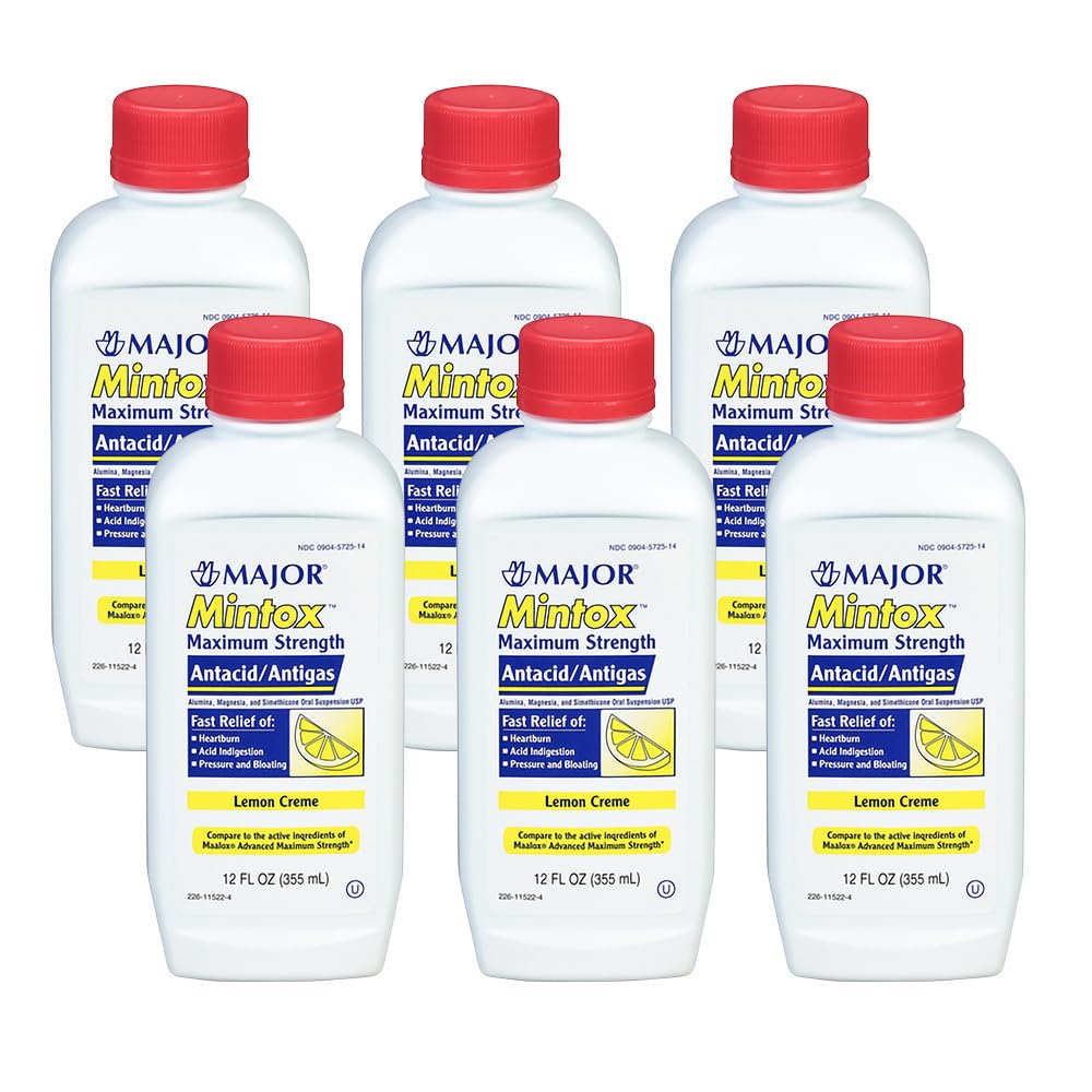 MAJOR Mintox maximum-strength antacid bottle with lemon creme flavor for fast heartburn relief.