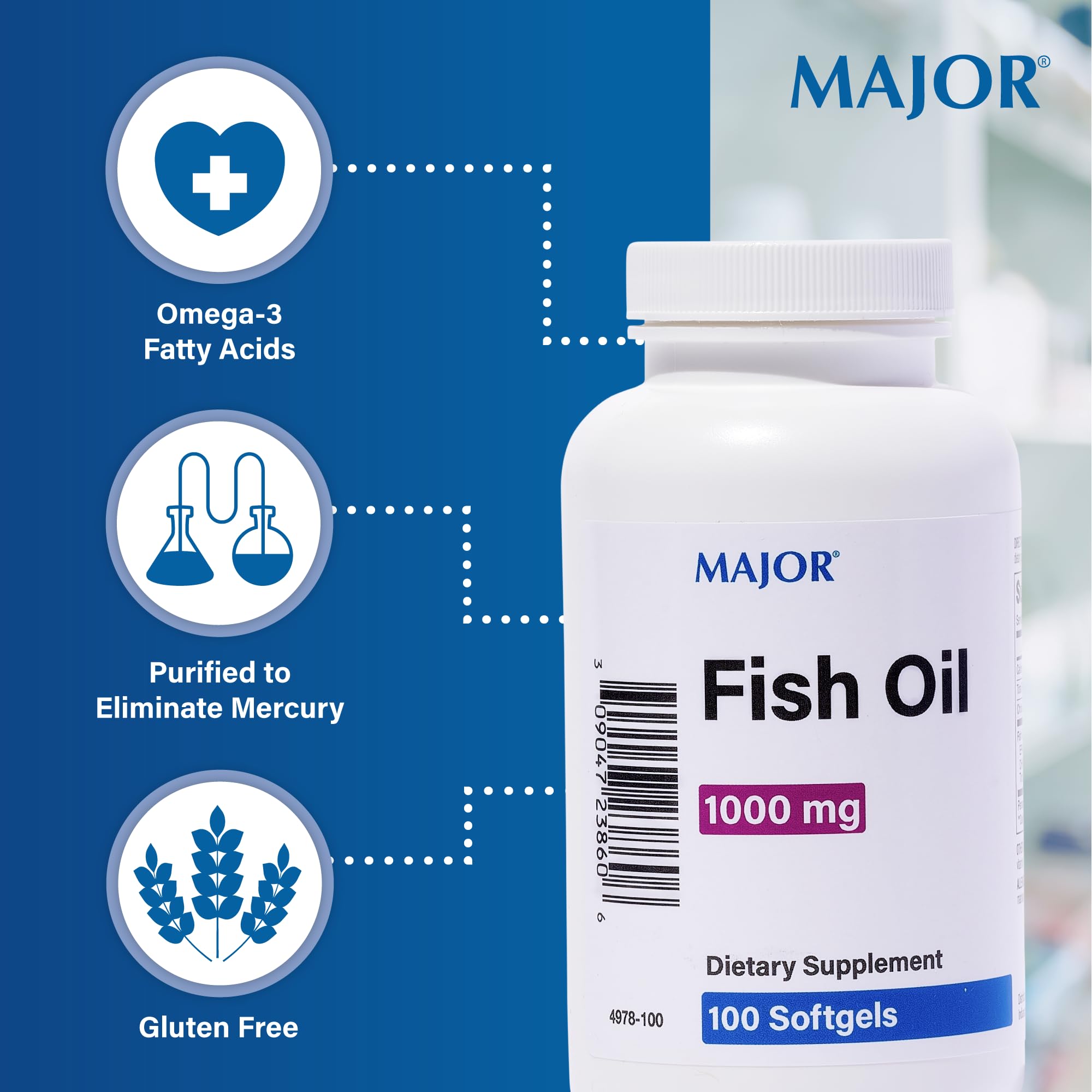 MAJOR Omega-3 bottle label emphasizes EPA and DHA for daily intake.