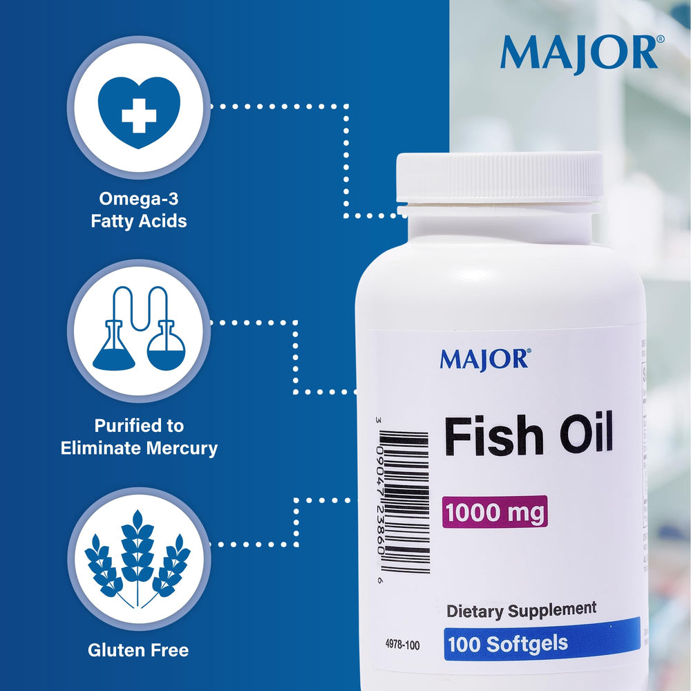 MAJOR Omega-3 bottle label emphasizes EPA and DHA for daily intake.