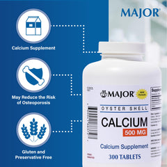 Major Oyster Shell Calcium 3-pack packaging displayed for daily supplement convenience.