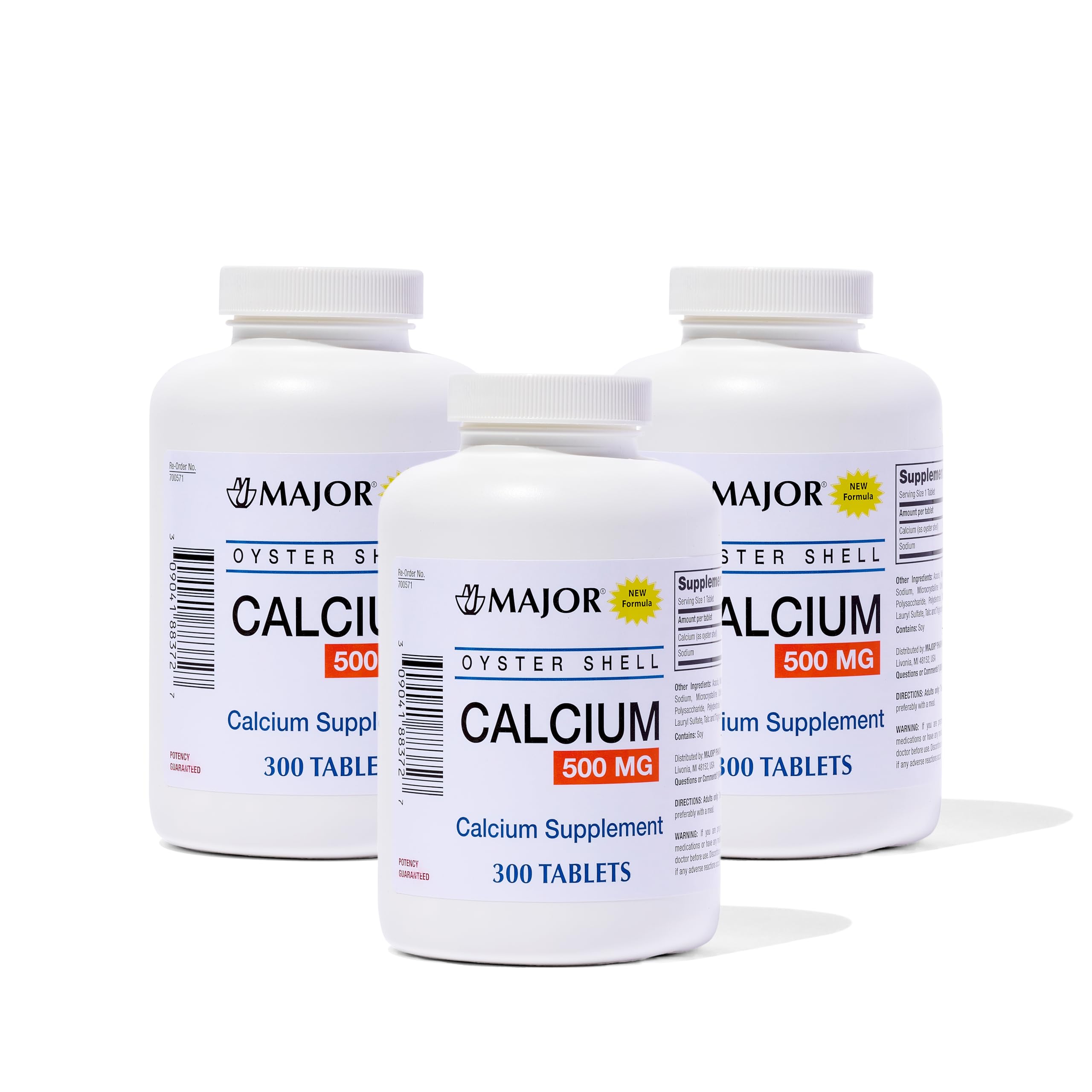Major Oyster Shell Calcium bottle label showing 500 mg per tablet for daily calcium support.