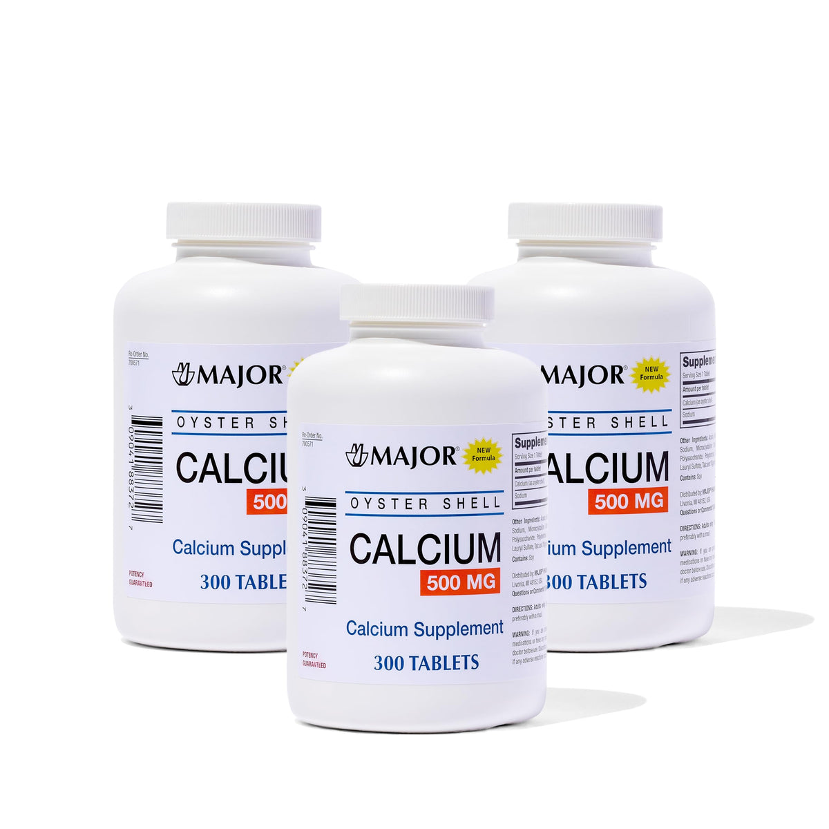 Major Oyster Shell Calcium bottle label showing 500 mg per tablet for daily calcium support.