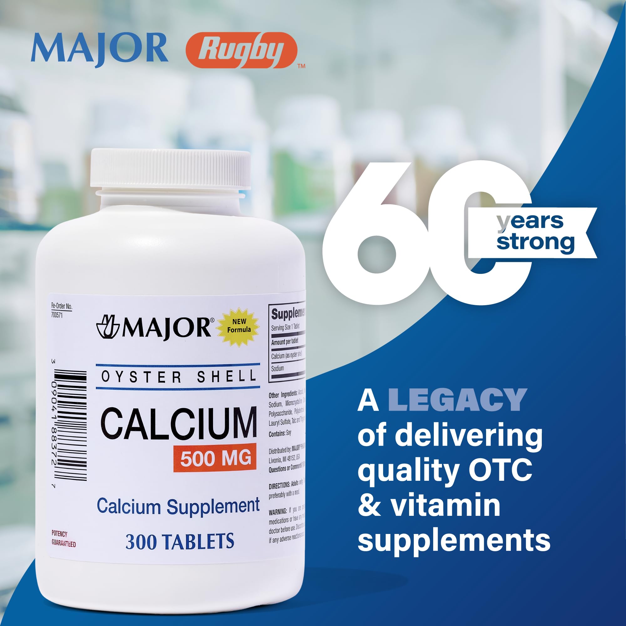 Major Oyster Shell Calcium bottle highlights gluten-free formulation and soy-containing ingredients.