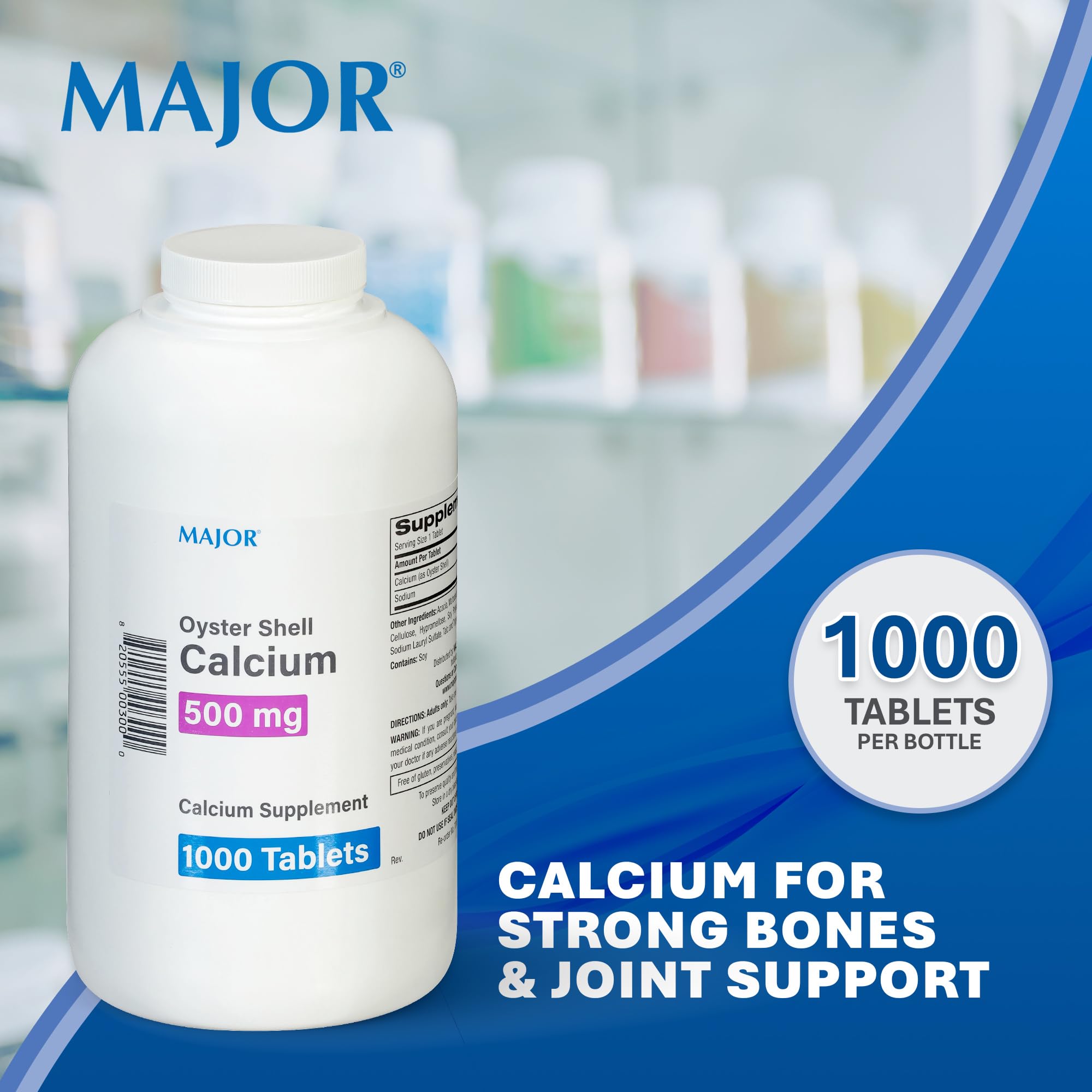 MAJOR Oyster Shell Calcium tablets closeup shows quality and composition.