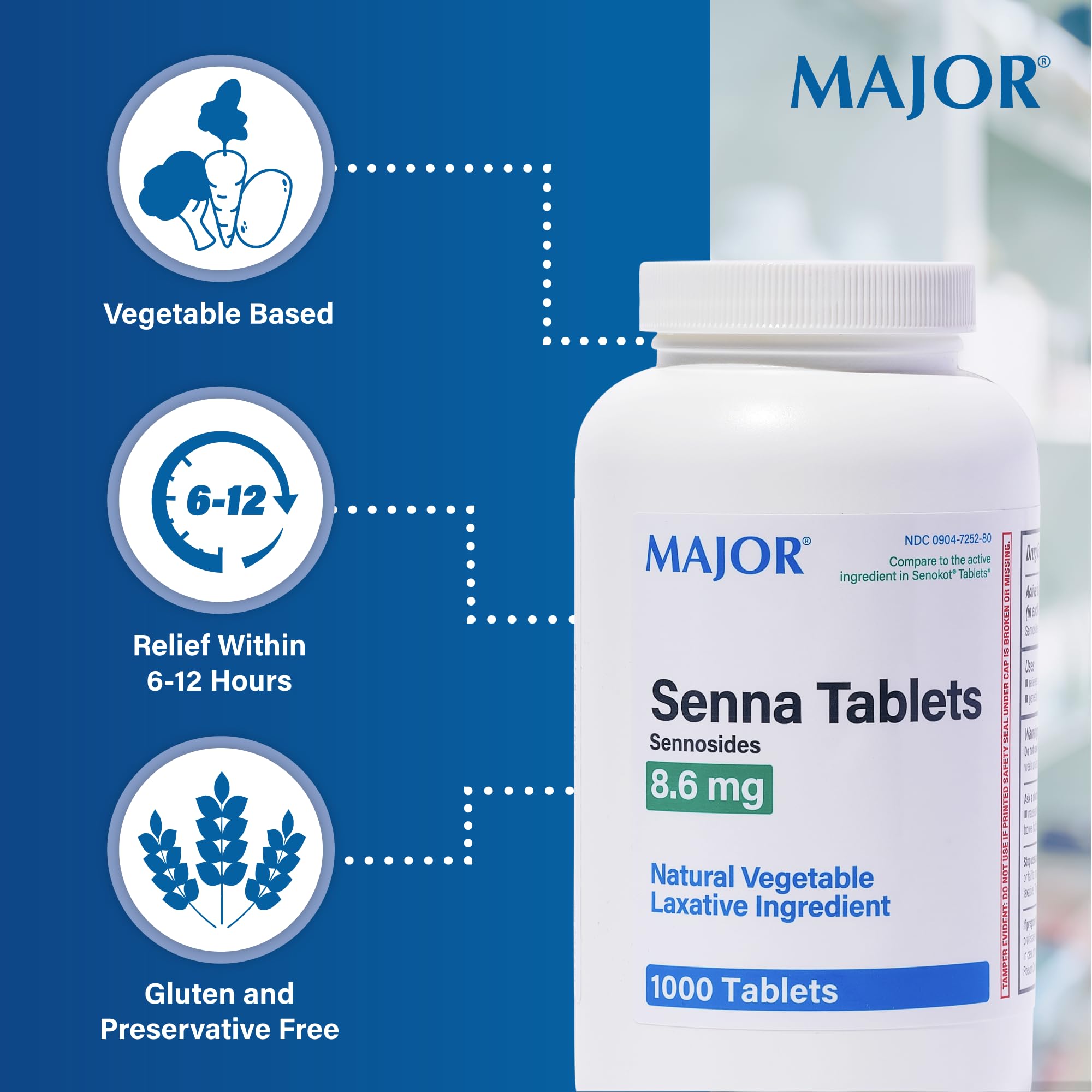 Close-up of MAJOR Senna label with dosage directions.