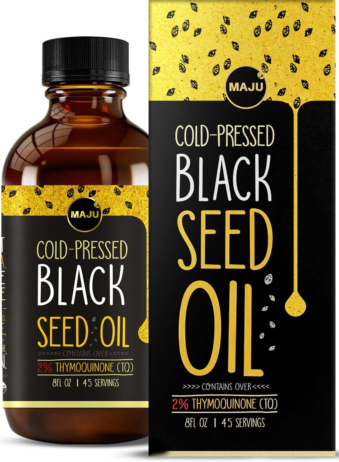 MAJU Black Seed Oil bottle highlights potent 3x thymoquinone content for a robust profile.