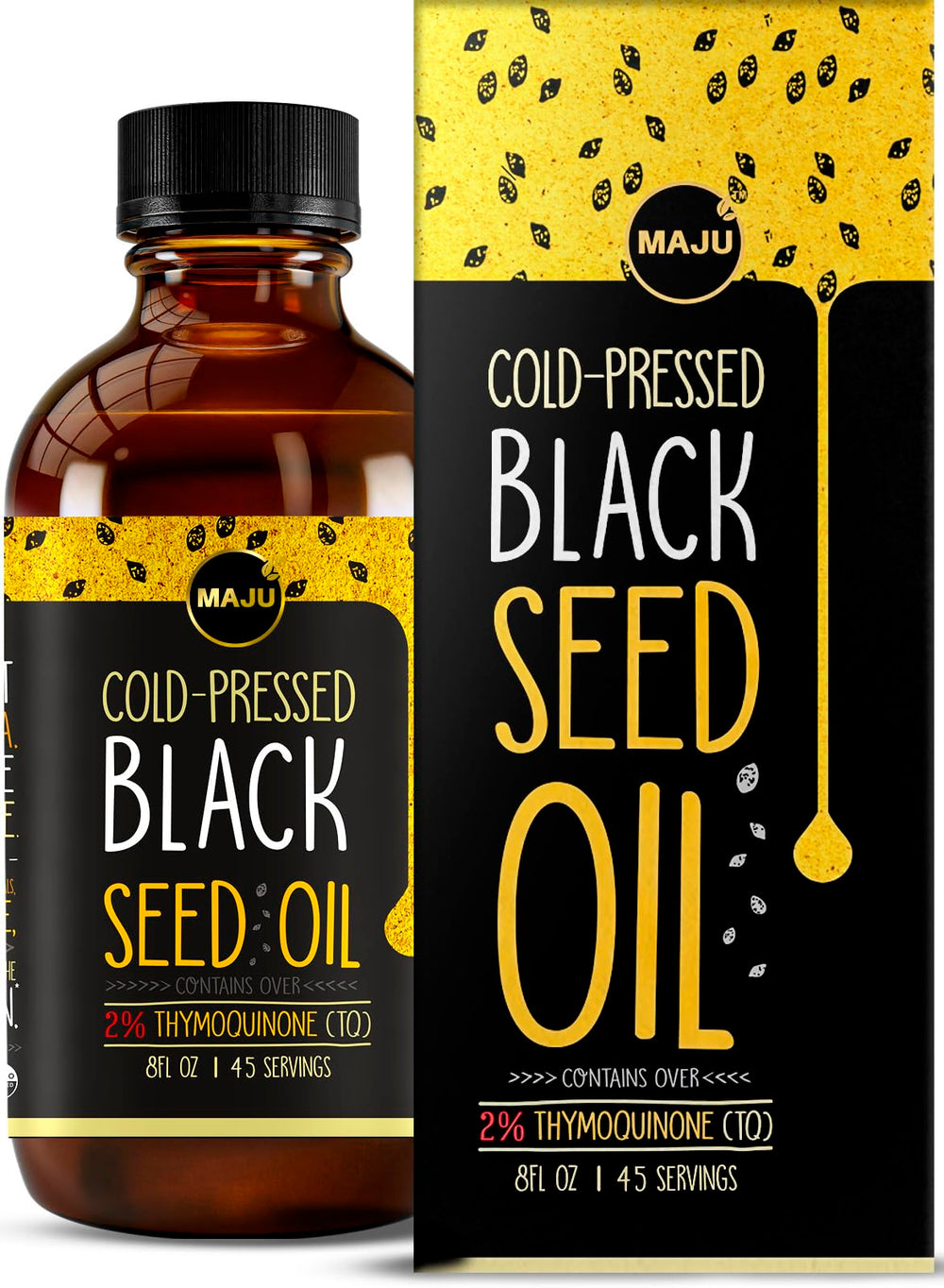 MAJU Black Seed Oil bottle highlights potent 3x thymoquinone content for a robust profile.
