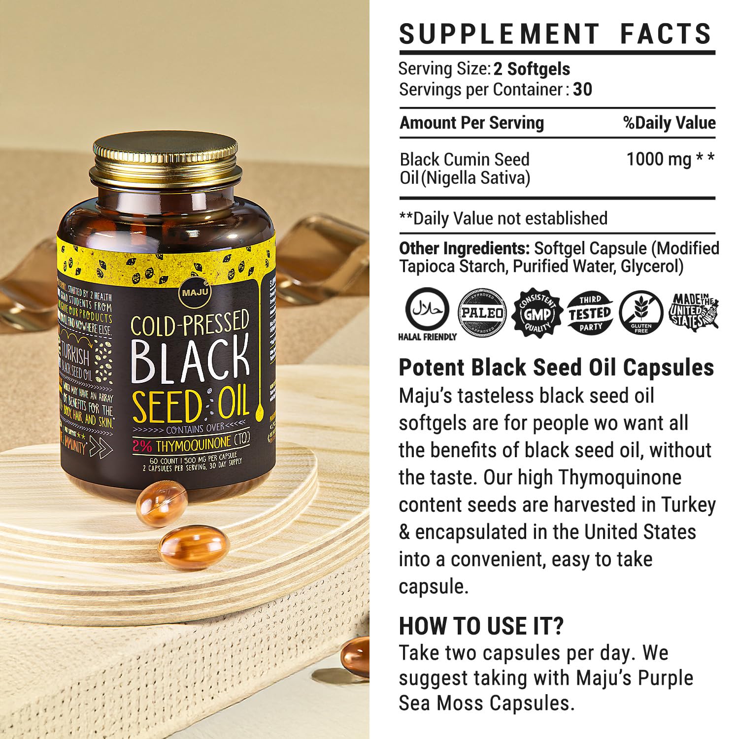 Maju Black Seed Oil Capsules capsule close-up highlighting premium oil