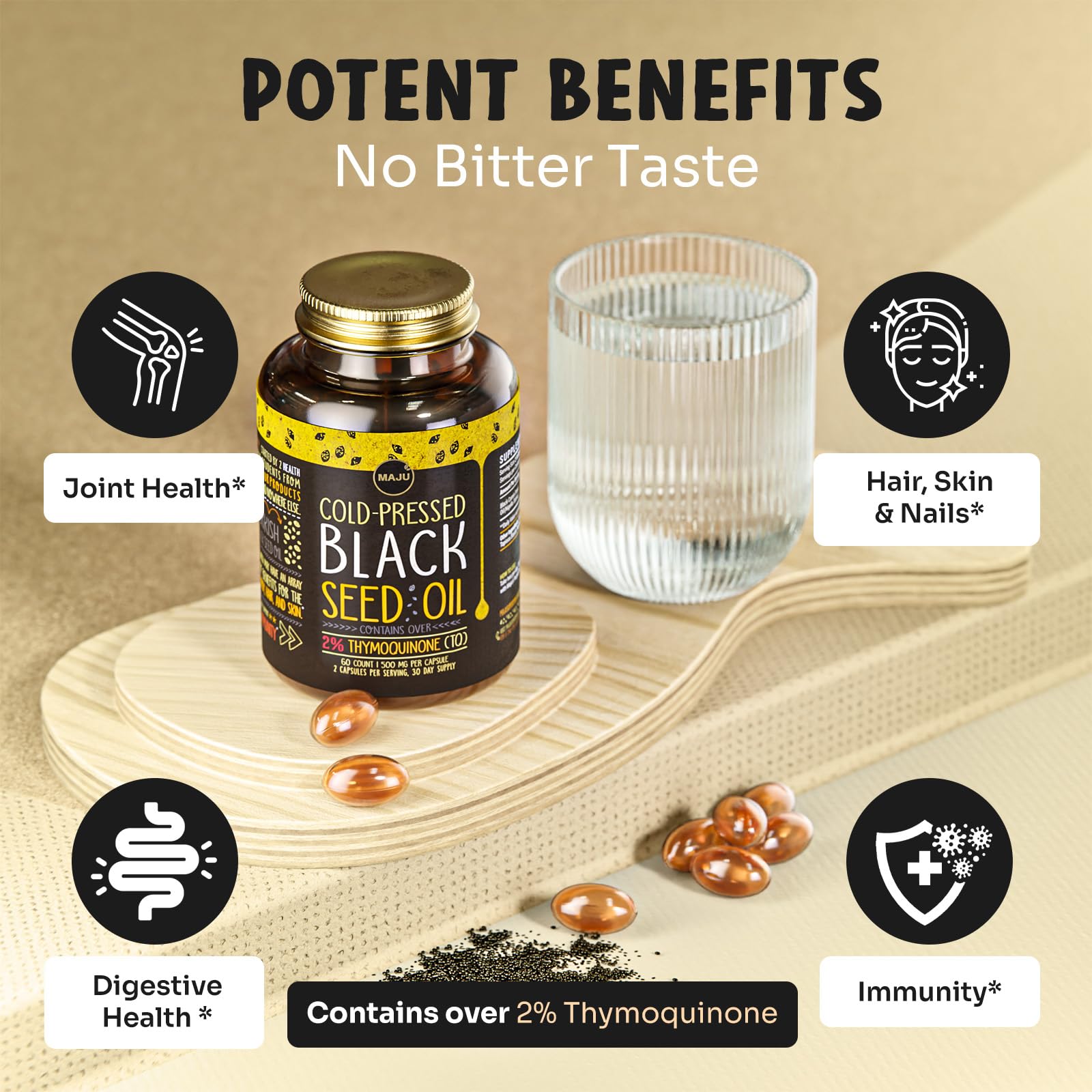 Maju Black Seed Oil Capsules packaging display for easy daily use