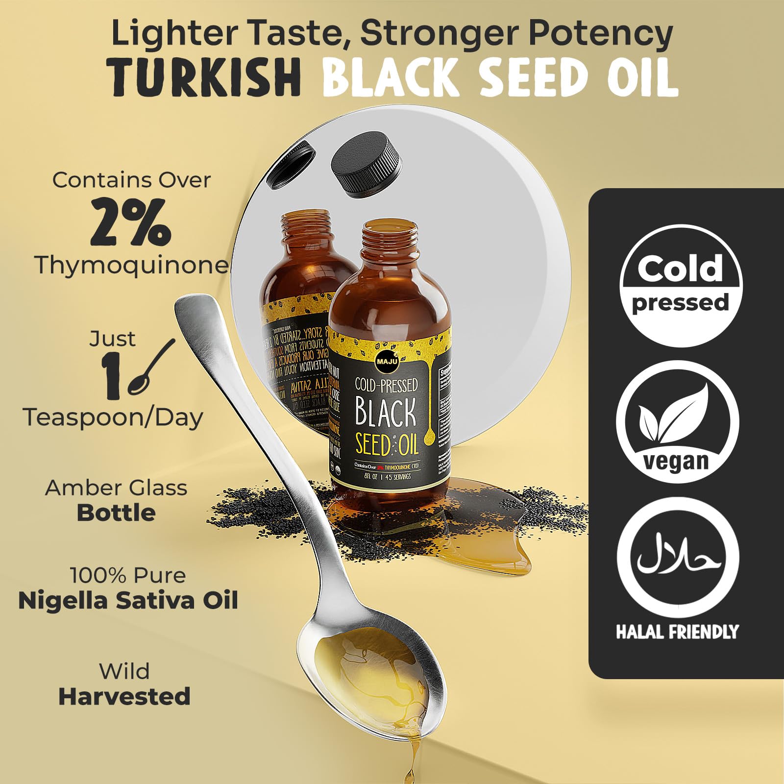 MAJU Black Seed Oil label emphasizes 100% Turkish origin and natural processing.