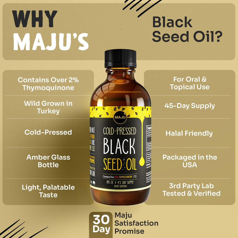 MAJU Black Seed Oil light color suggests palatable flavor with strong potency.