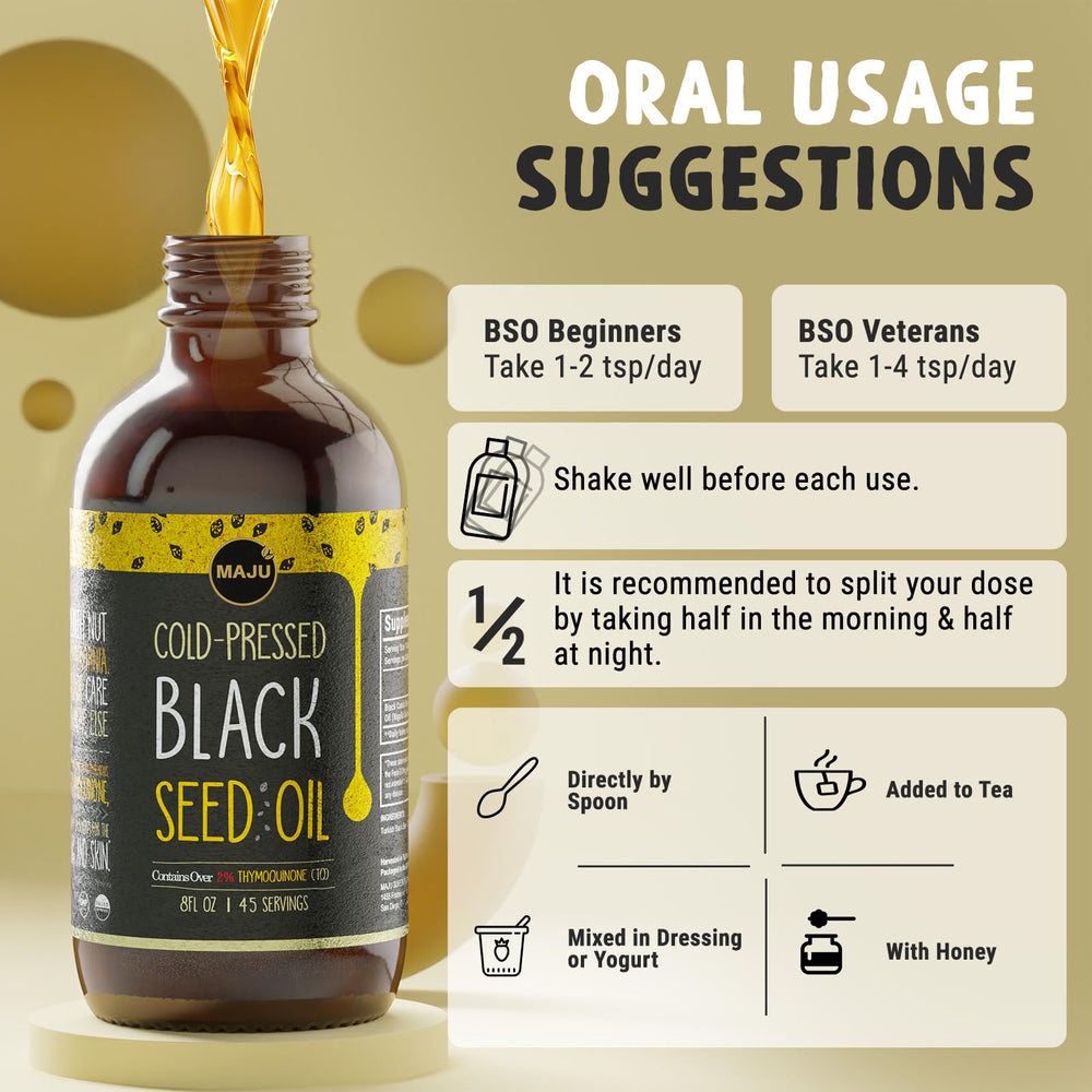 MAJU Black Seed Oil beside skincare setup hints at skin, hair, and nails benefits.