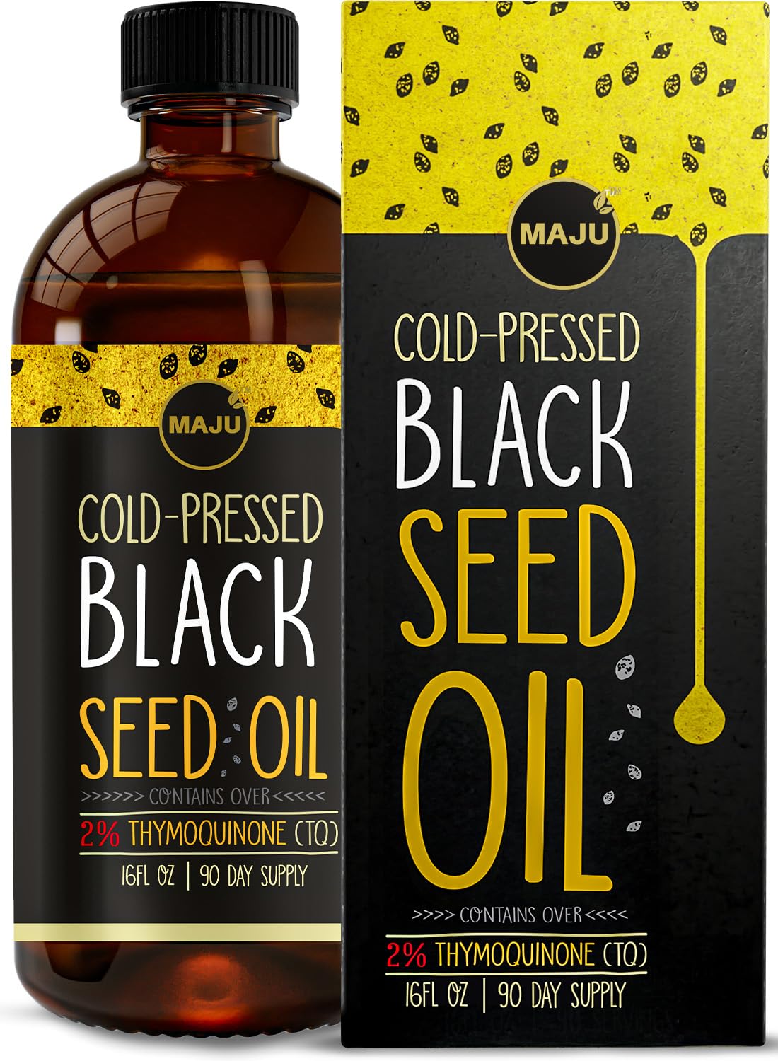 MAJU Black Seed Oil bottle front shows purity and 3X thymoquinone potency.