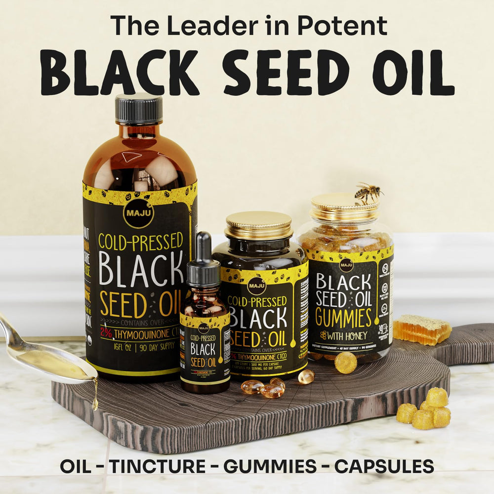 Maju Black Seed Oil Capsules close-up shows 500 mg per capsule.