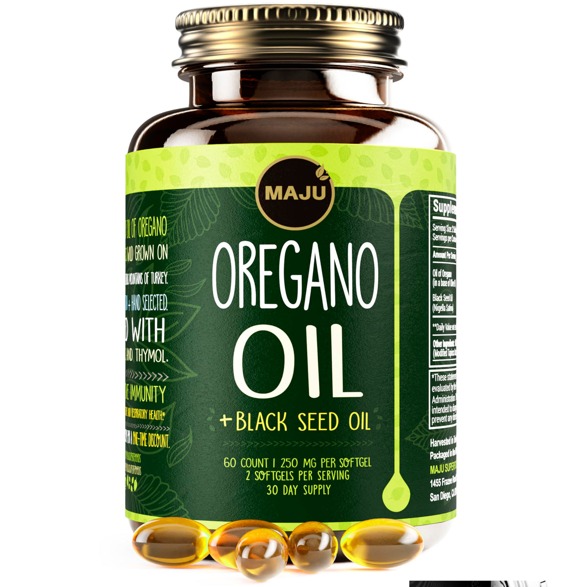 MAJU Oregano Capsules bottle showing high-potency oregano and black seed oil.