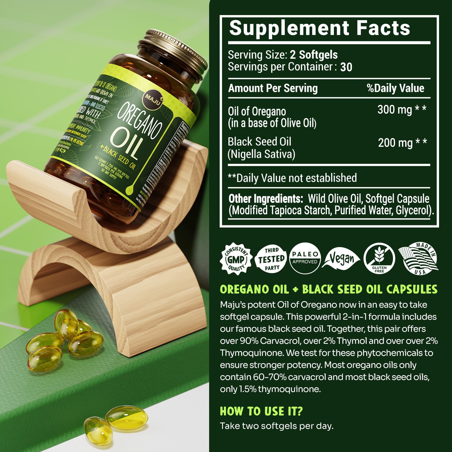 MAJU Oregano Capsules ingredients scene featuring oregano and black seed oil.