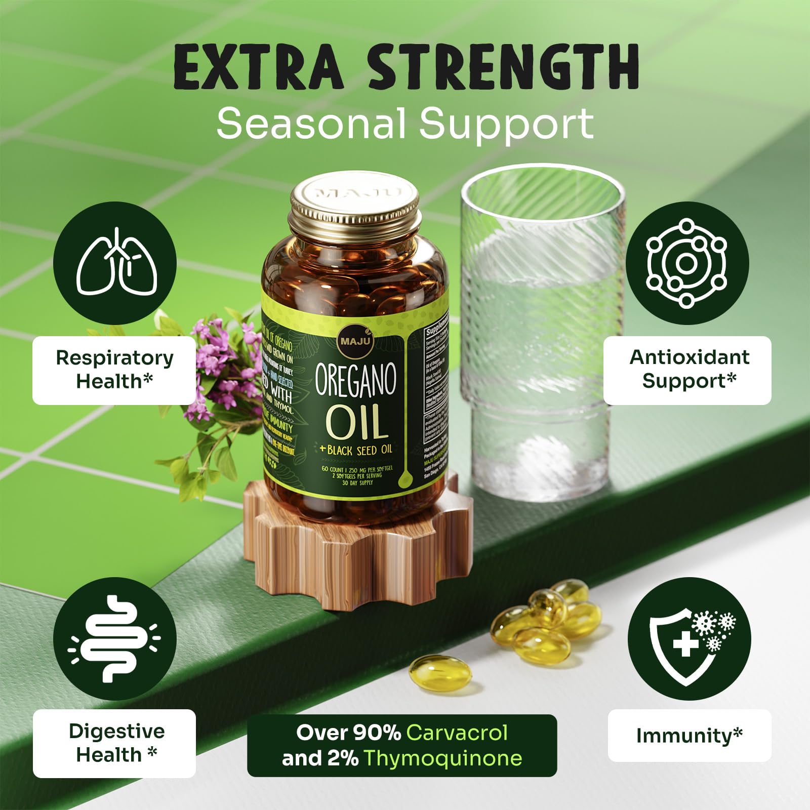 MAJU Oregano Capsules label close-up highlighting carvacrol content.