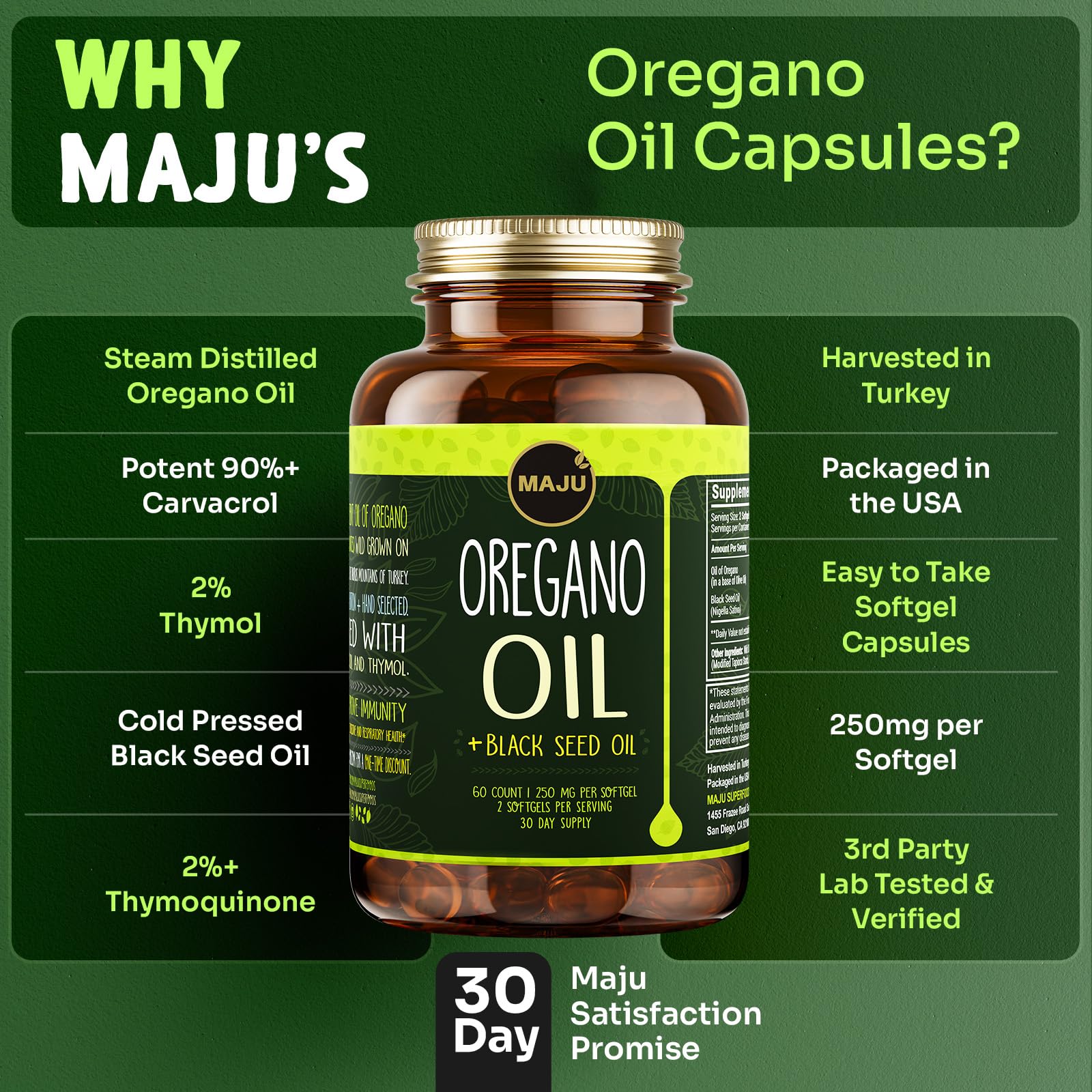 MAJU Oregano Capsules packaging close-up with 60-count bottle detail.
