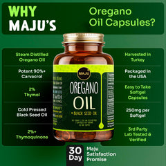 MAJU Oregano Capsules packaging close-up with 60-count bottle detail.