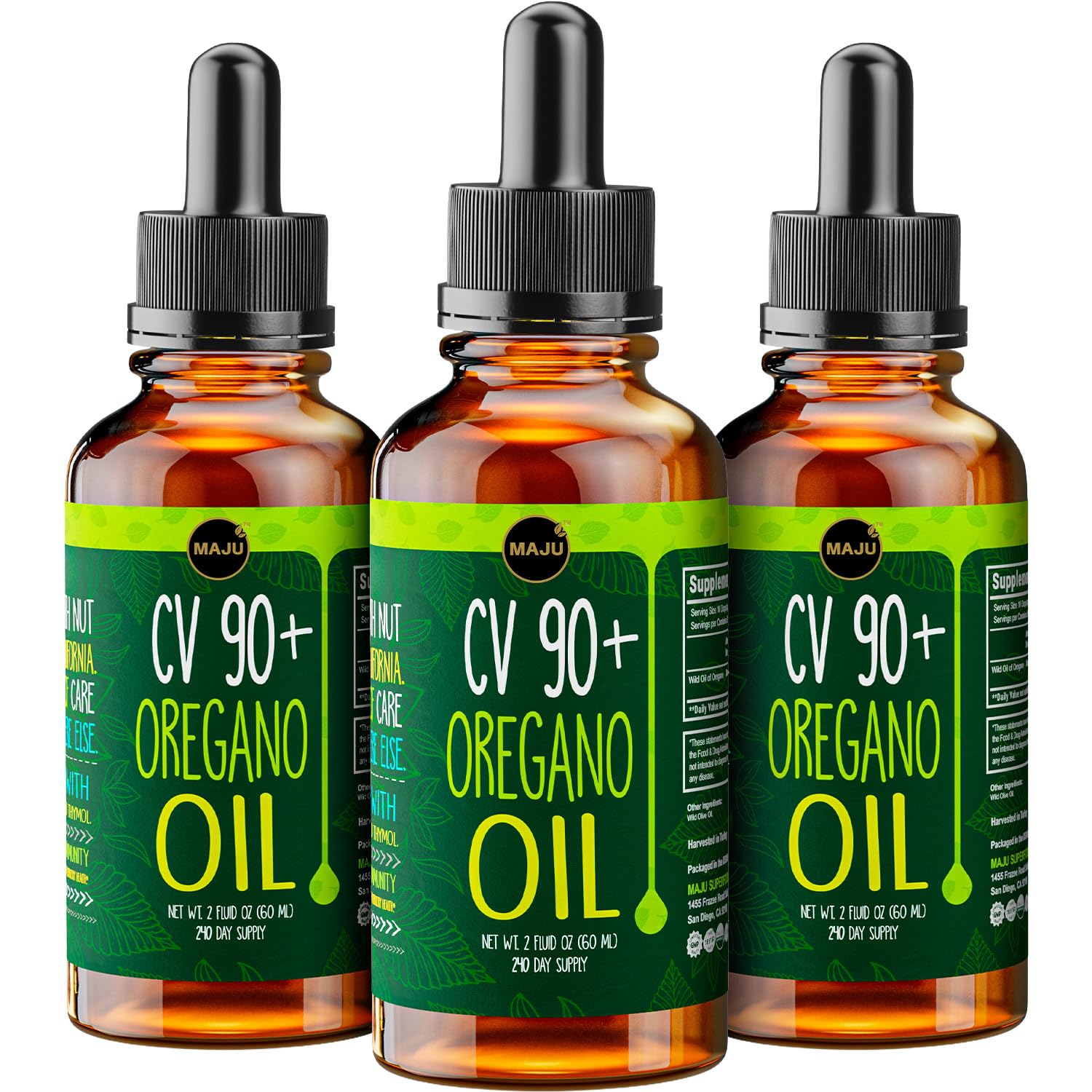 MAJU Oregano Oil Drops bottle showing potent carvacrol for immune and seasonal support.