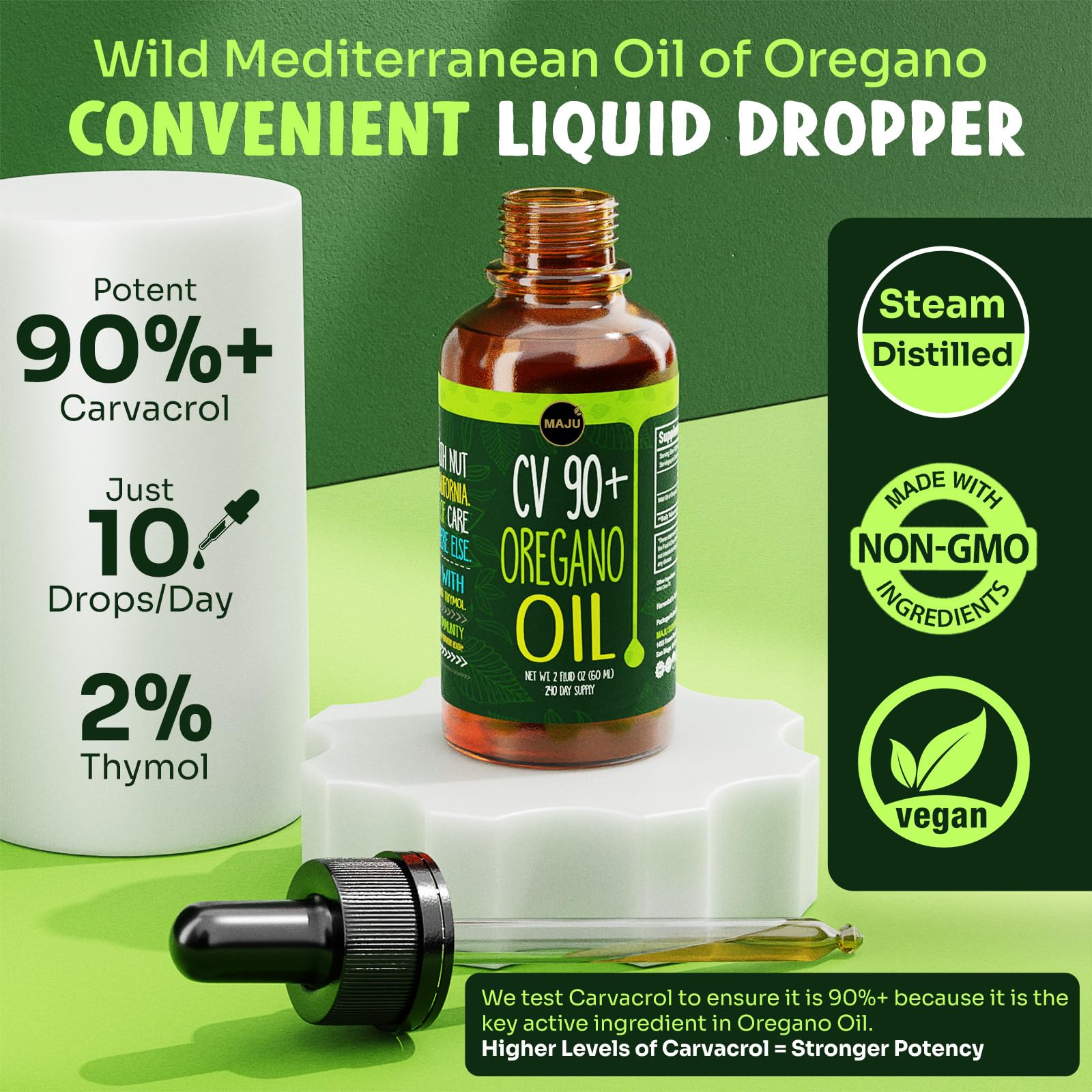 Close-up of MAJU Oregano Oil Drops dropper for precise dosing.