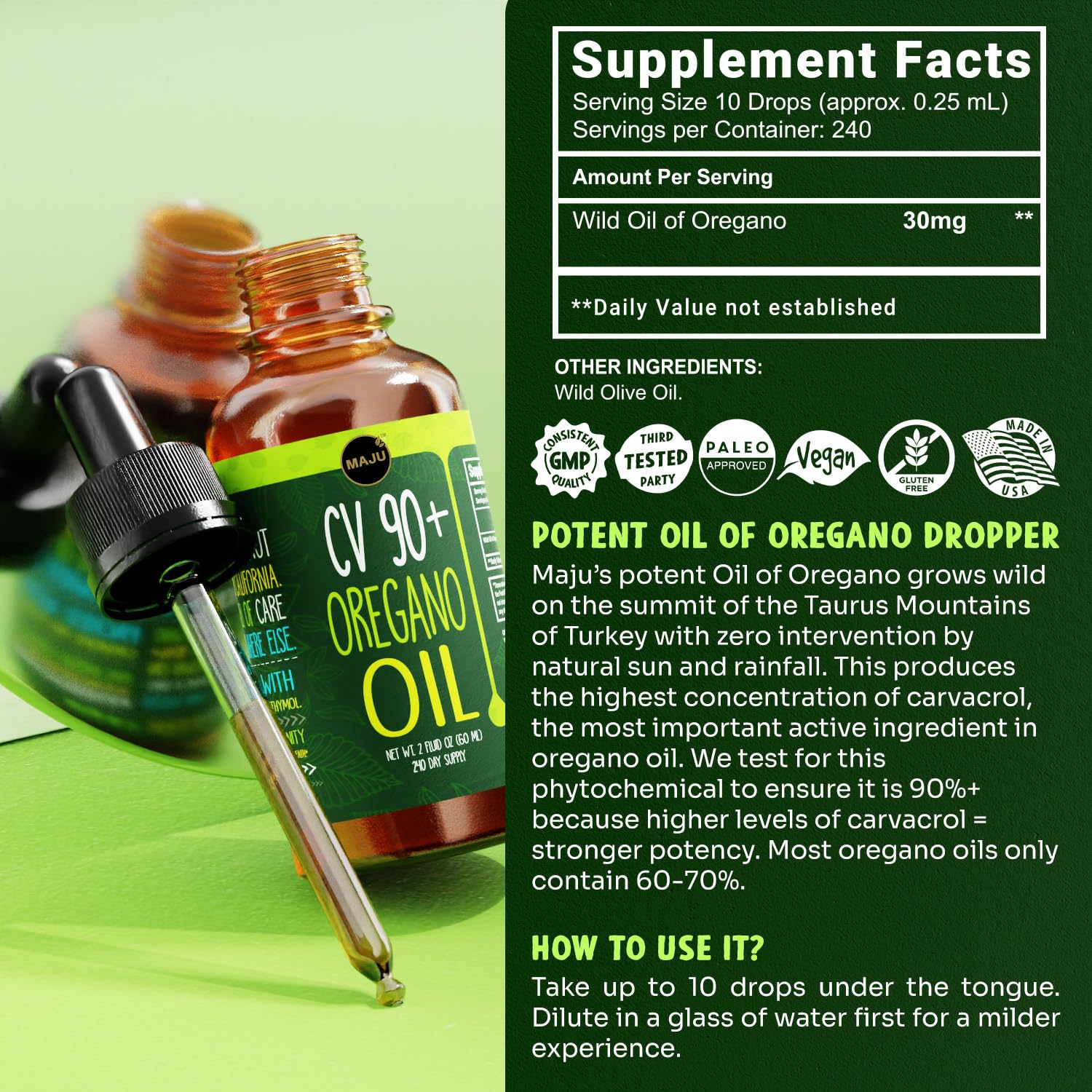 Kitchen scene showing easy addition to meals with MAJU Oregano Oil Drops.