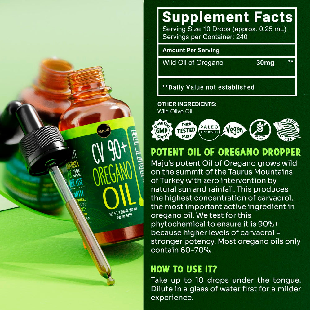 Kitchen scene showing easy addition to meals with MAJU Oregano Oil Drops.