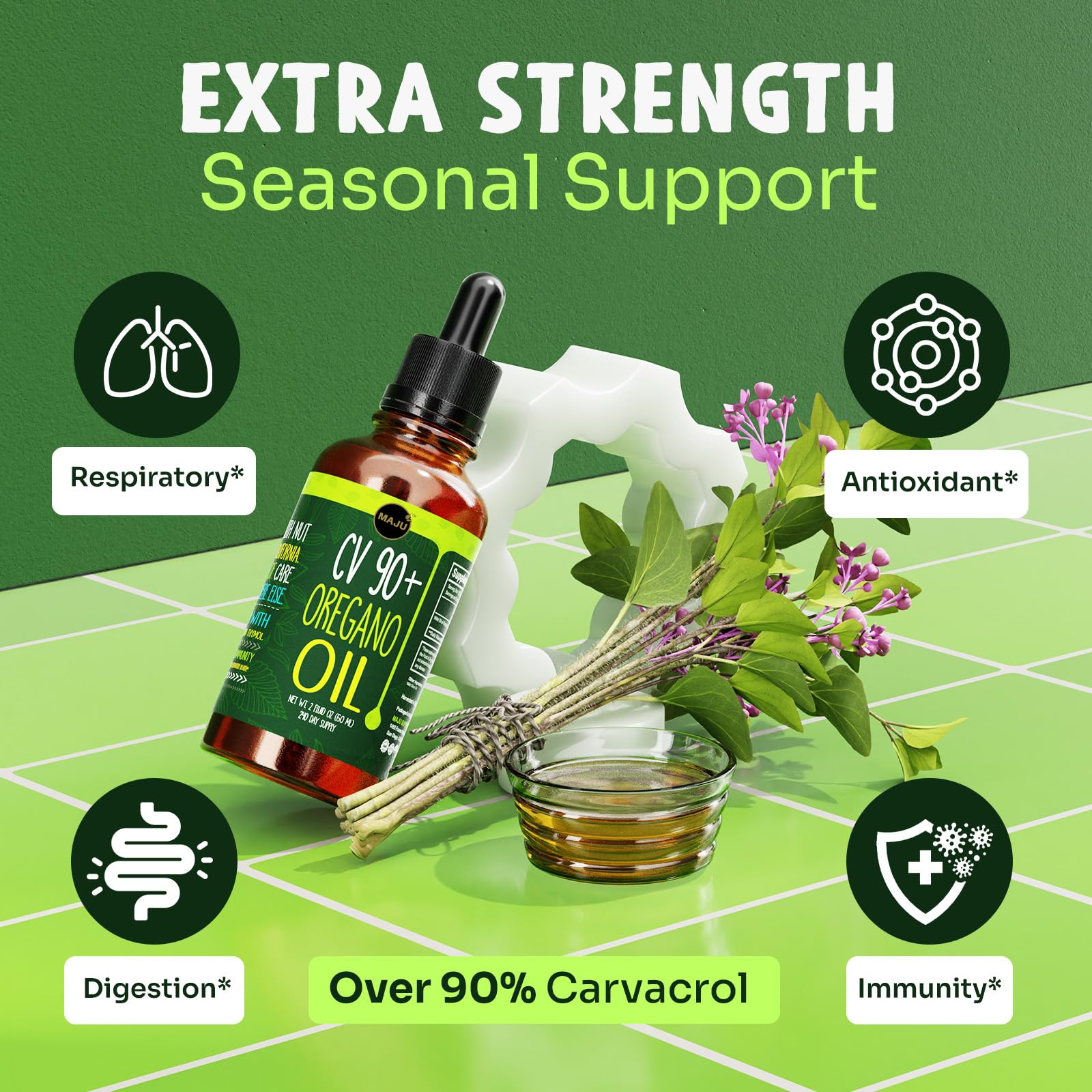 Label detail shows 90%+ carvacrol content on MAJU Oregano Oil Drops.