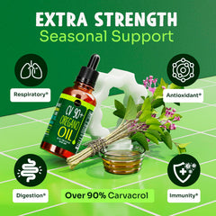 Label detail shows 90%+ carvacrol content on MAJU Oregano Oil Drops.