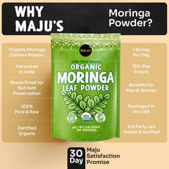 Drumstick-tree origin note for MAJU Moringa Powder emphasizes plant-sourced freshness