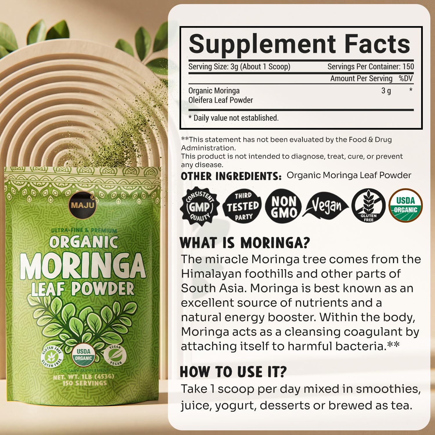 Closeup of MAJU Moringa Powder fine texture and extra-fine grind