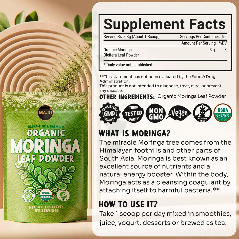 Closeup of MAJU Moringa Powder fine texture and extra-fine grind