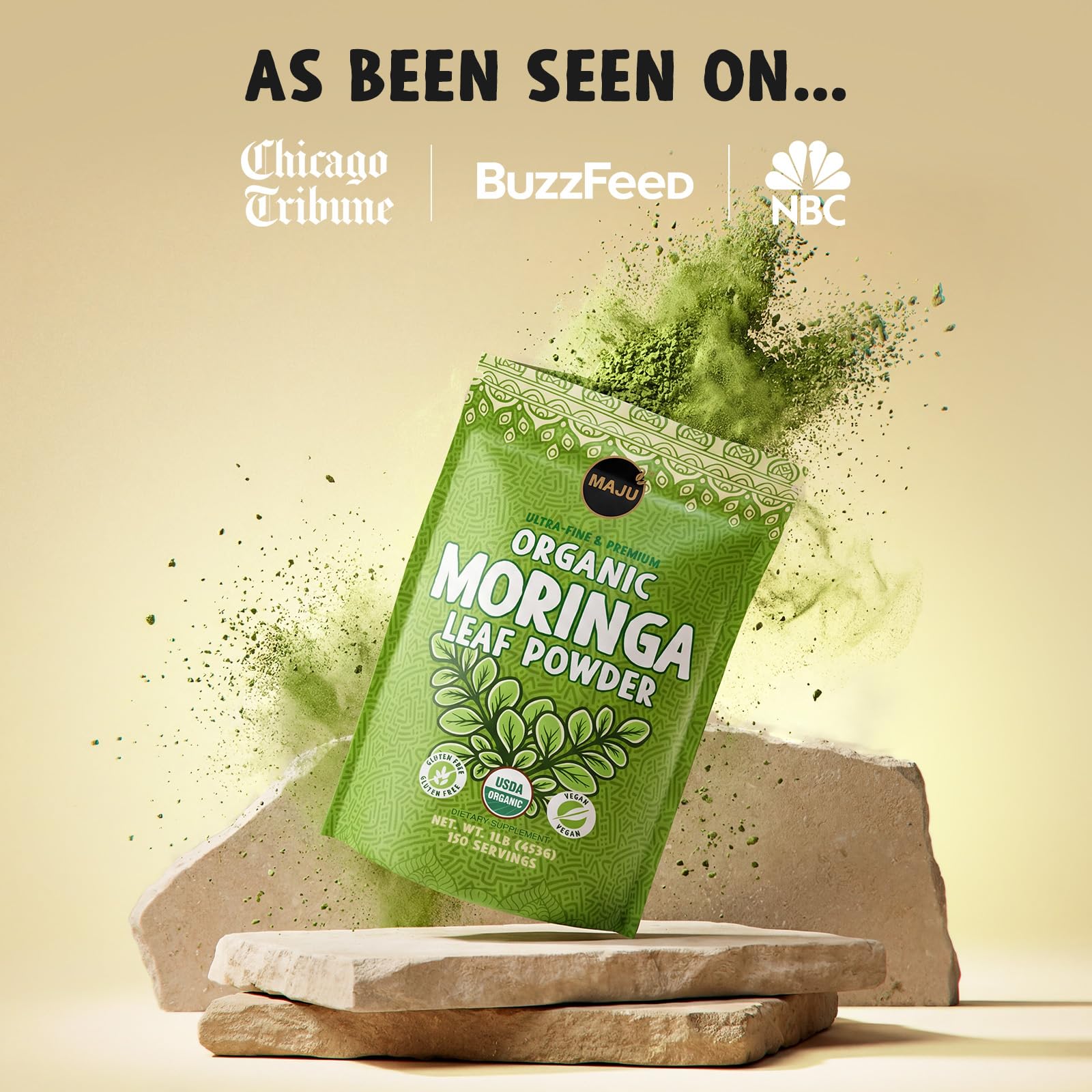 Jar label of MAJU Moringa Powder emphasizes no fillers and food-grade quality