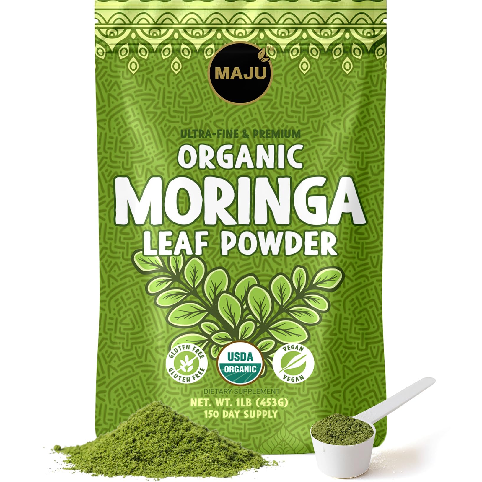 MAJU Organic Moringa Powder packshot shows premium leaf quality for tea and smoothies