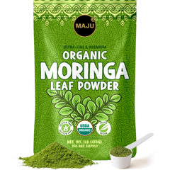 MAJU Organic Moringa Powder packshot shows premium leaf quality for tea and smoothies