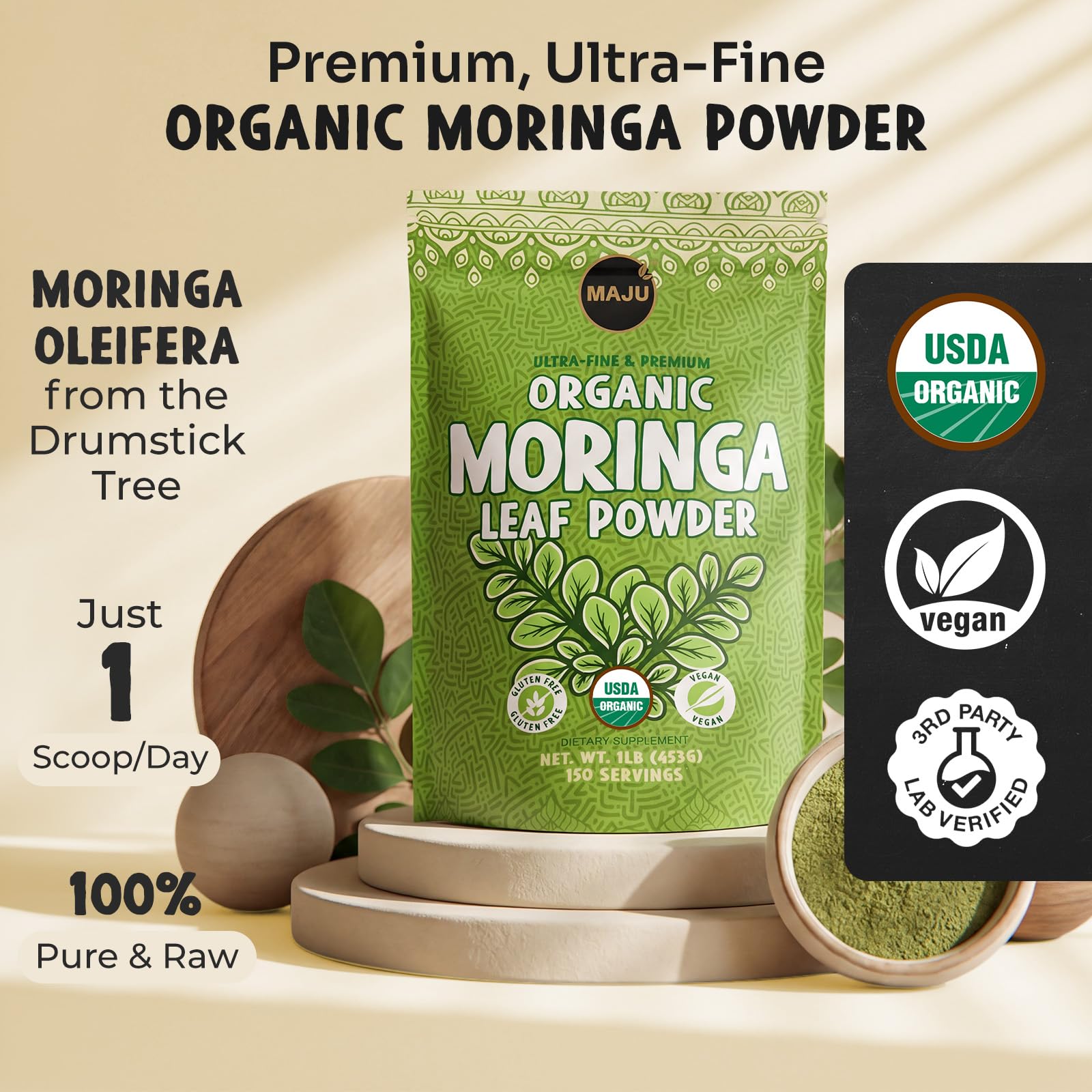 Pour view of MAJU Moringa Powder highlights pure powder ideal for daily shakes