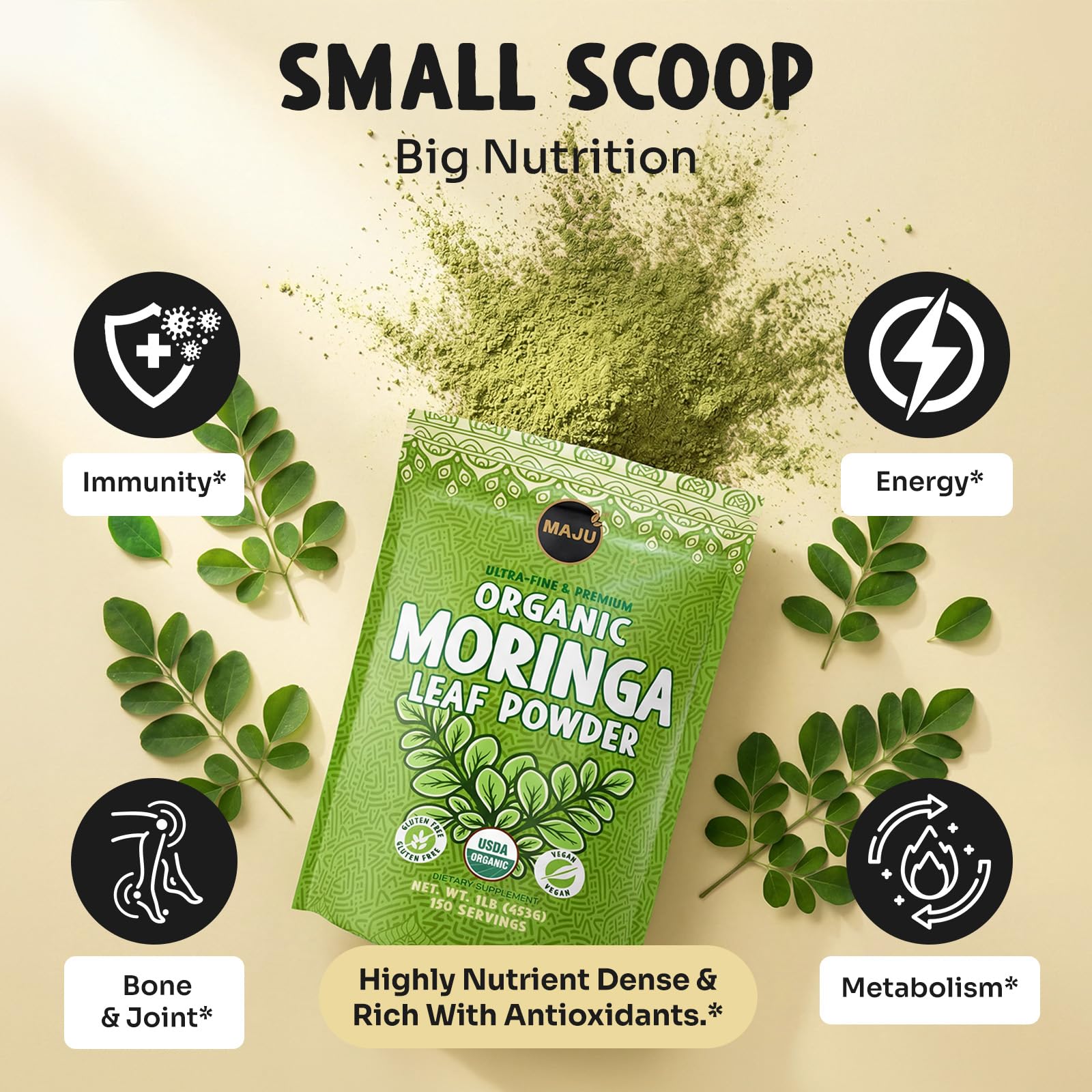 Tea cup scene with MAJU Moringa Powder signals quick, versatile infusion for beverages