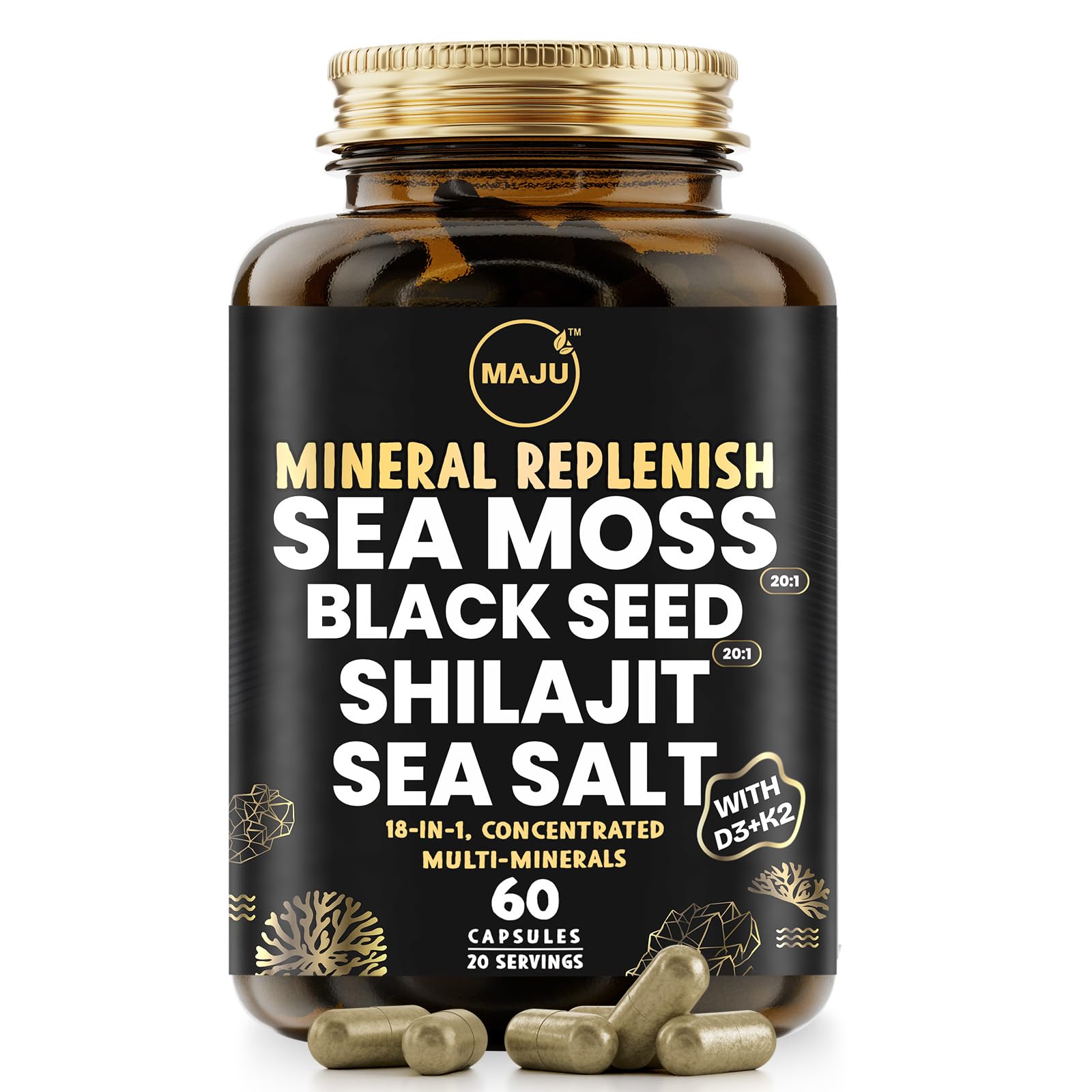 Maju Superfoods 18-in-1 sea moss bottle capsules for daily mineral support.