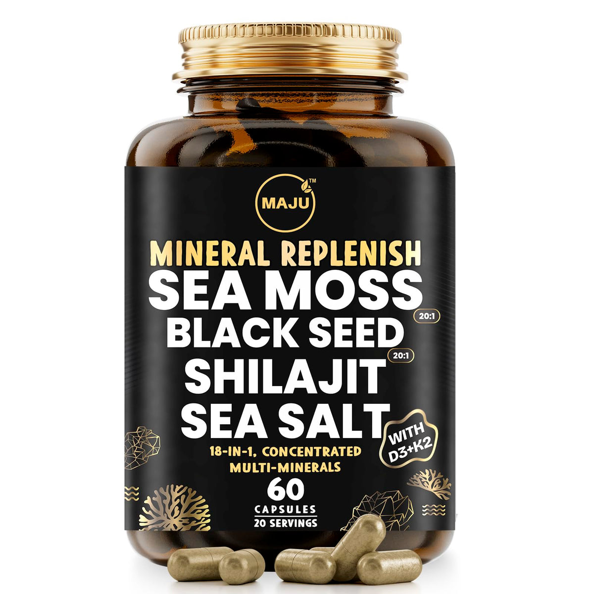 Maju Superfoods 18-in-1 sea moss bottle capsules for daily mineral support.
