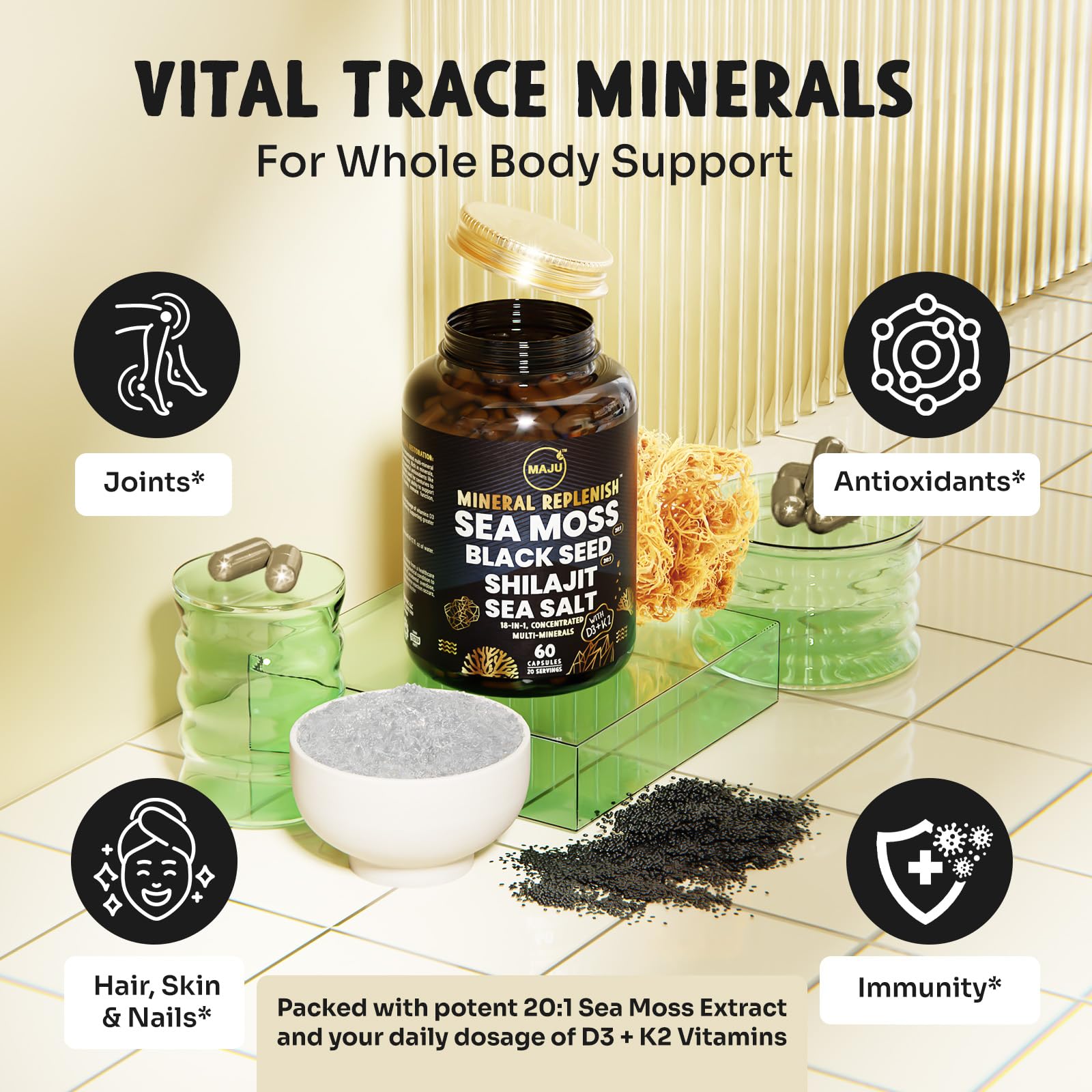 Maju Superfoods black seed sea moss capsules for balanced nutrition.