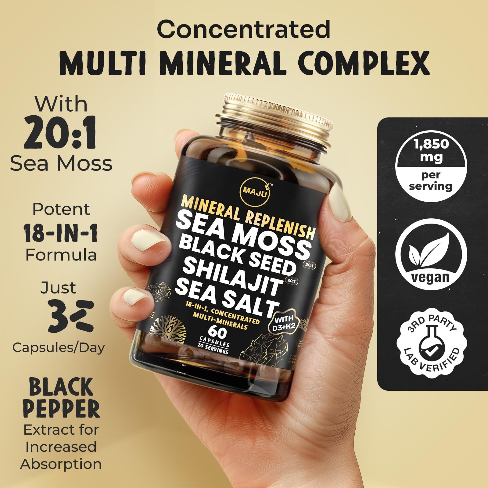 Maju Superfoods sea moss and shilajit bottle capsules deliver a combined mineral boost.