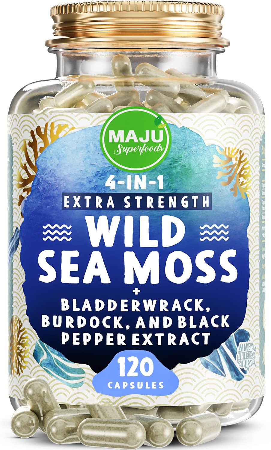 MAJU Wild Irish Sea Moss capsules bottle for daily wellness on the go.