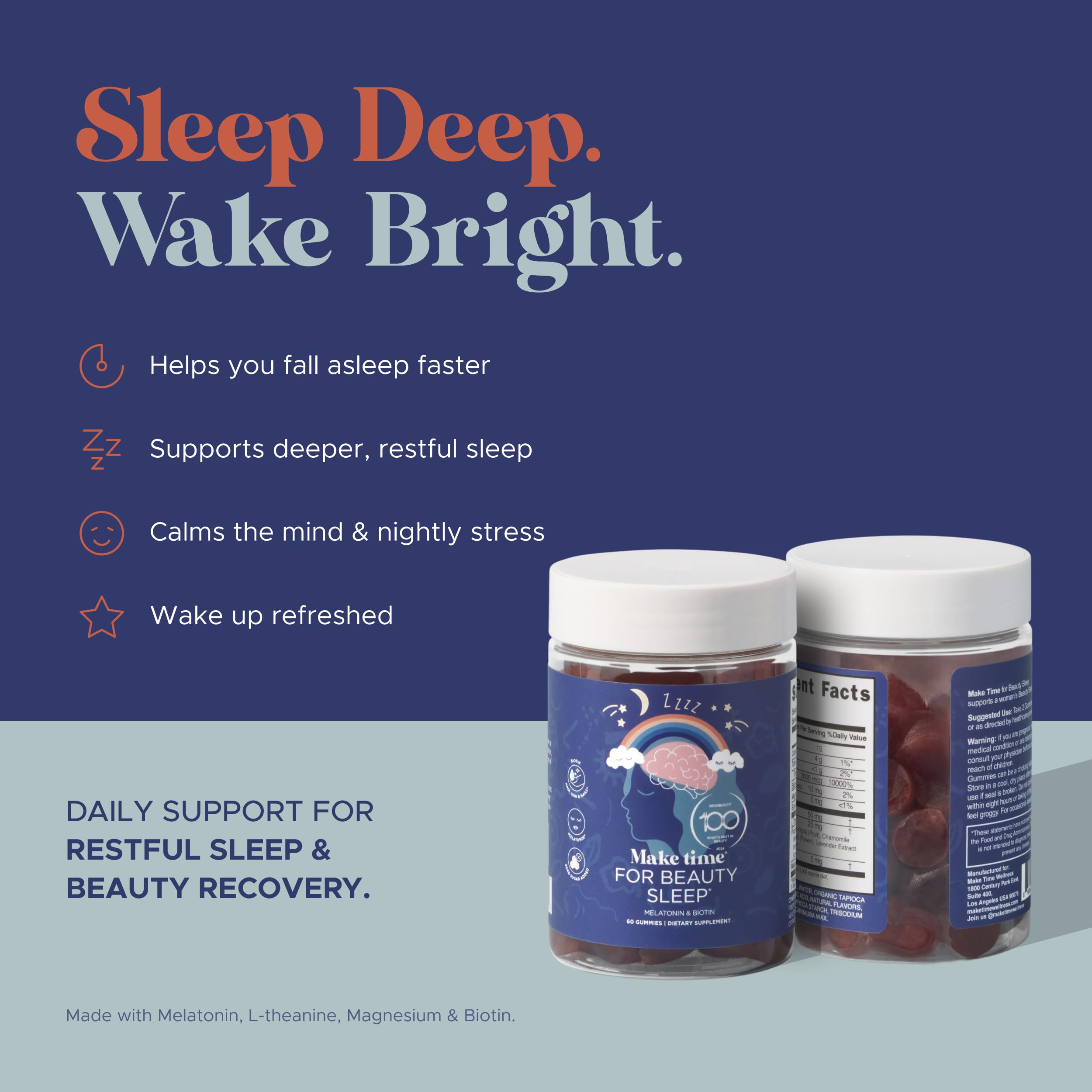 MAKE TIME Beauty Sleep Gummies label close-up showing ingredients and sugar-free formula.