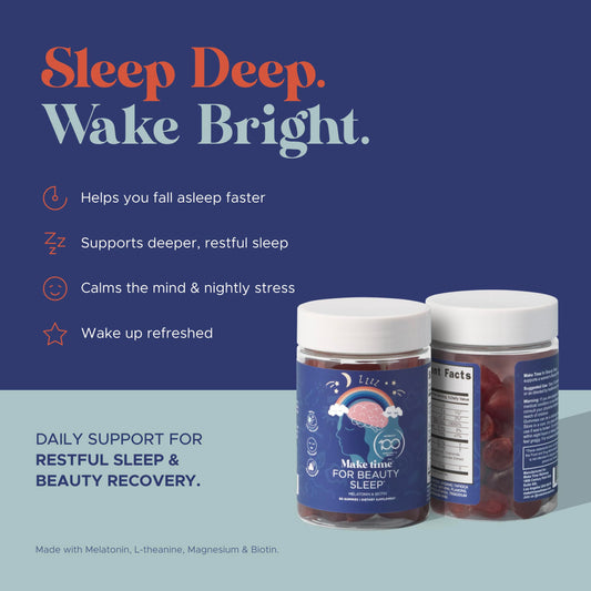 MAKE TIME Beauty Sleep Gummies label close-up showing ingredients and sugar-free formula.