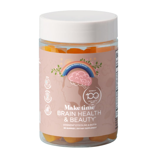 MAKE TIME Brain and Beauty Gummies support cognition and focus with blueberry aroma.